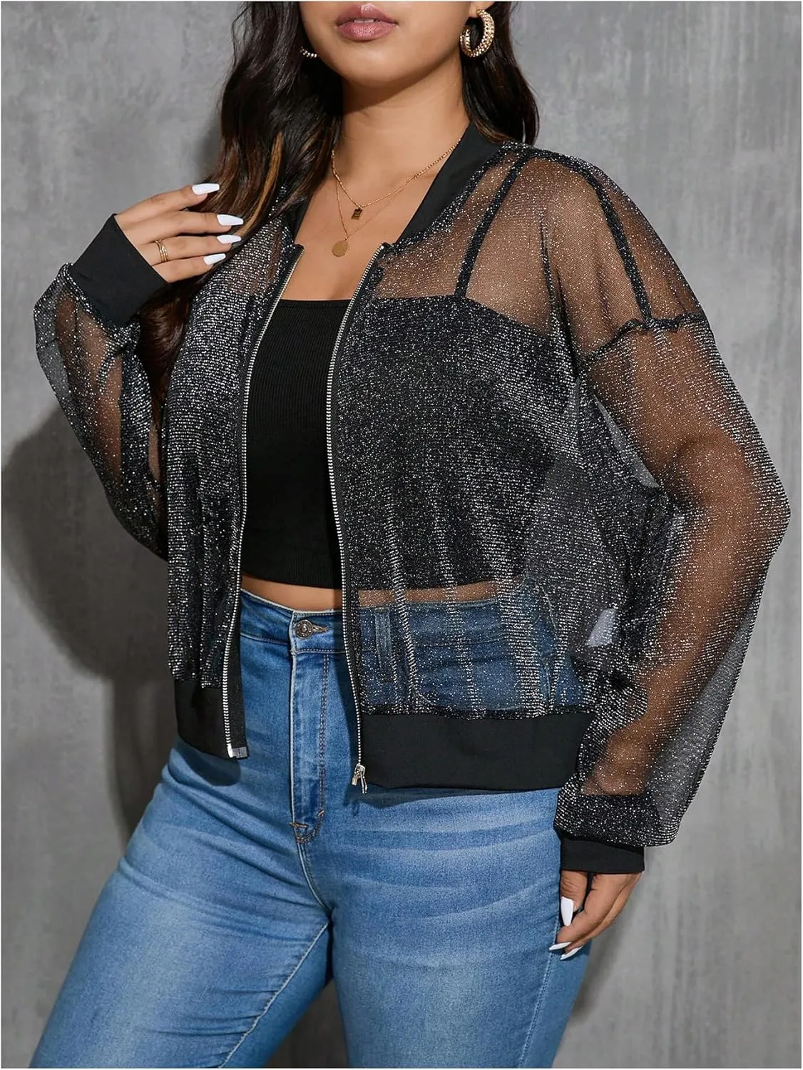 Floerns Women's Plus Size Glitter Long Sleeve Mesh Coats Zip Up Sheer Bomber Jackets