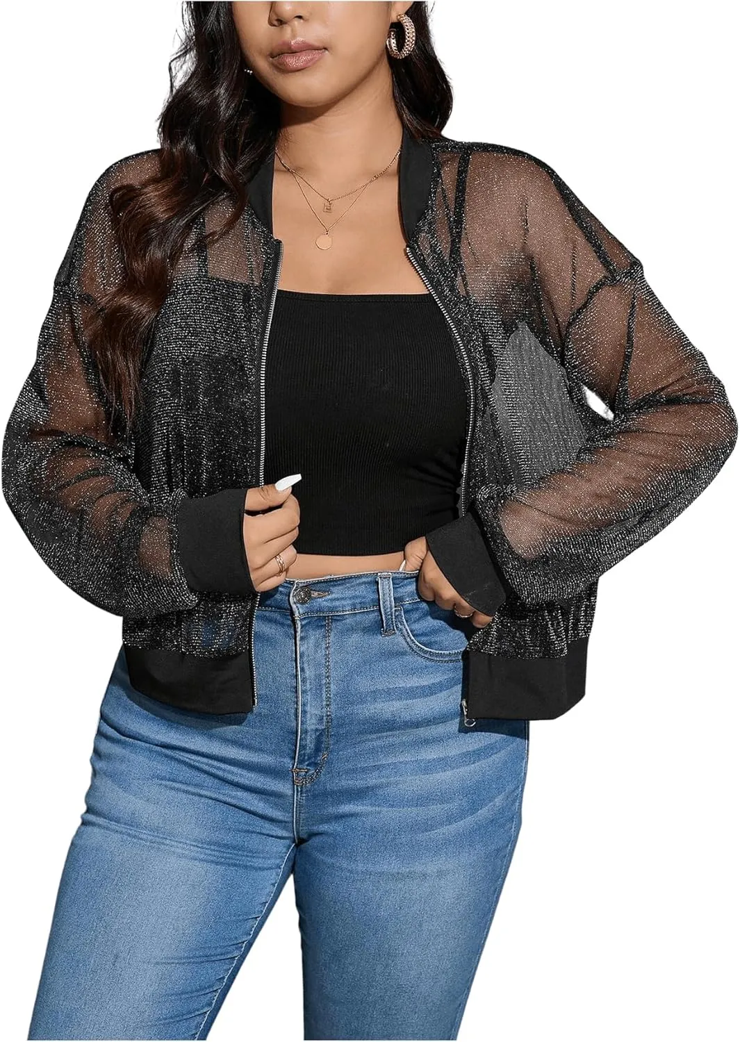 Floerns Women's Plus Size Glitter Long Sleeve Mesh Coats Zip Up Sheer Bomber Jackets