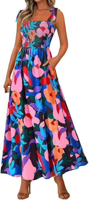 Floral Maxi Dress Summer Boho Beach Vacation Tie Strap Smocked Empire Waist Long Fit and Flare Dress with Pockets