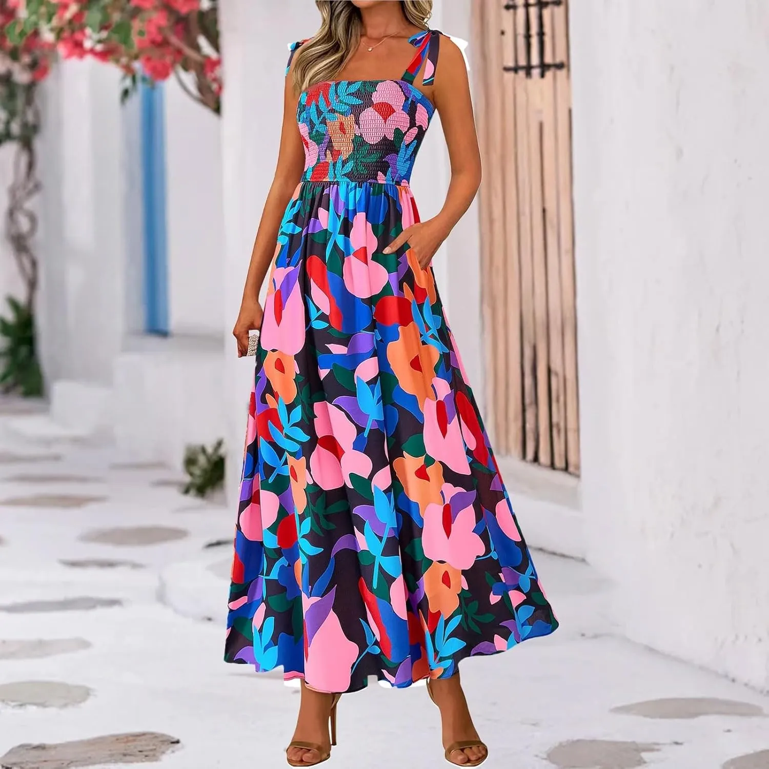 Floral Maxi Dress Summer Boho Beach Vacation Tie Strap Smocked Empire Waist Long Fit and Flare Dress with Pockets