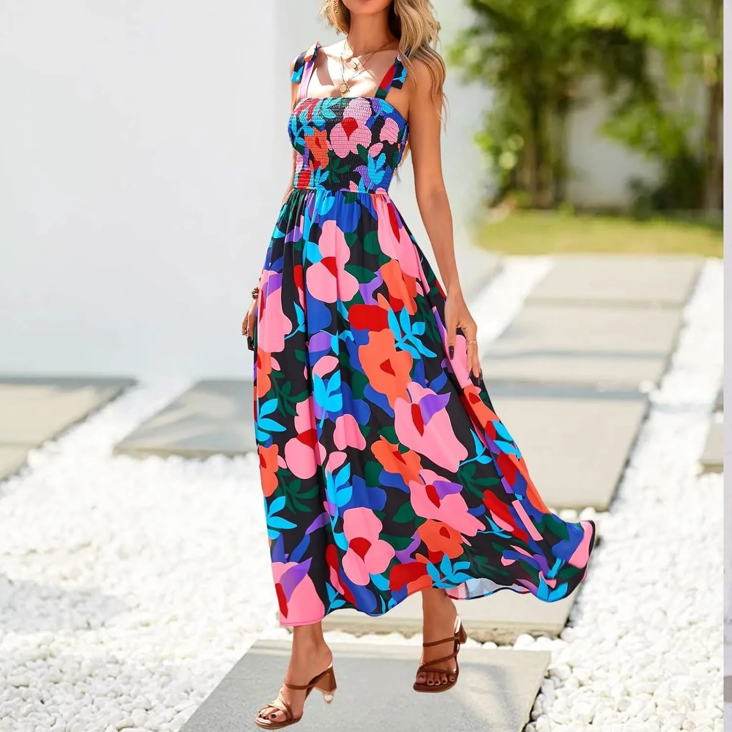 Floral Maxi Dress Summer Boho Beach Vacation Tie Strap Smocked Empire Waist Long Fit and Flare Dress with Pockets
