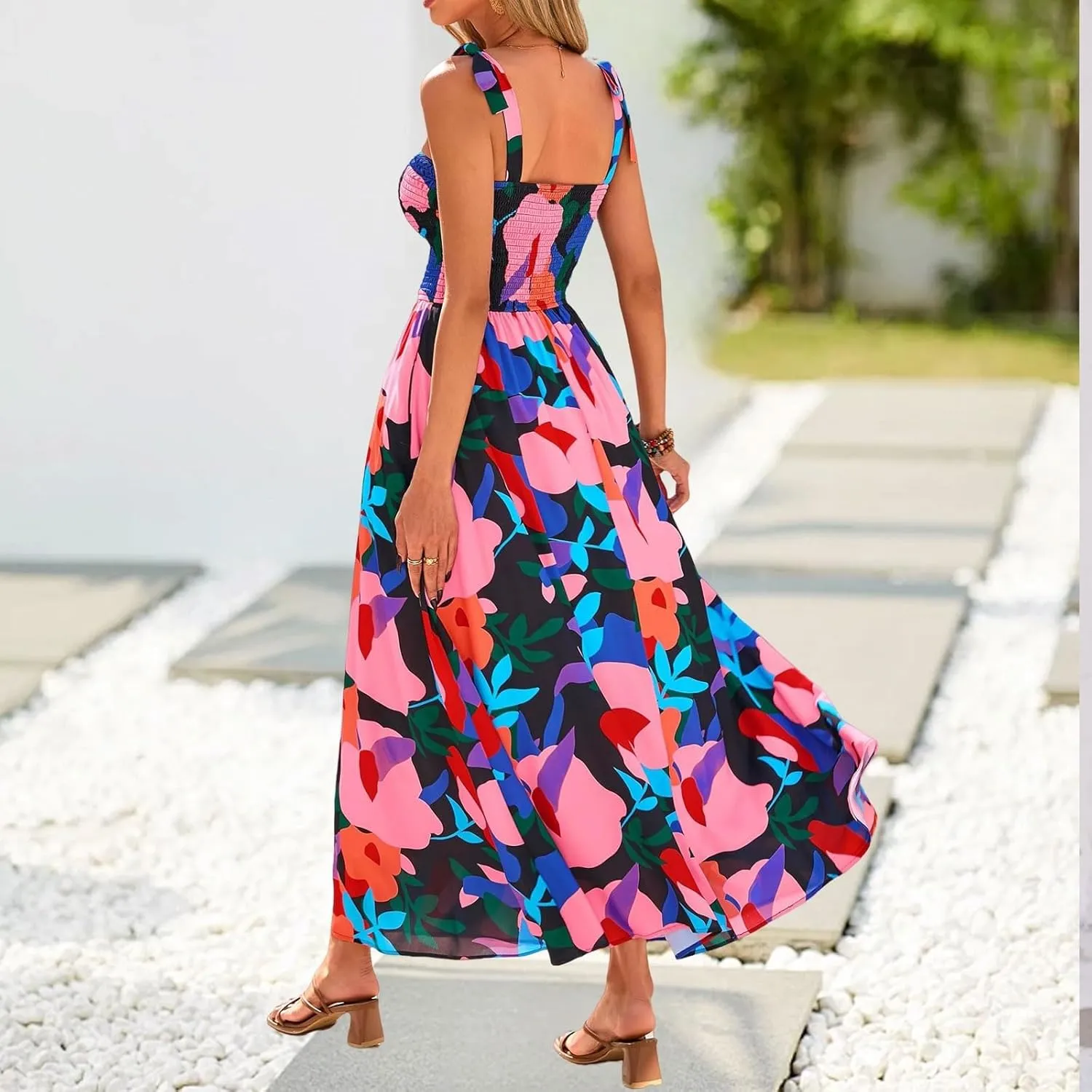 Floral Maxi Dress Summer Boho Beach Vacation Tie Strap Smocked Empire Waist Long Fit and Flare Dress with Pockets