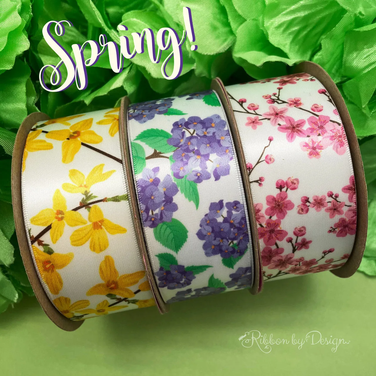 Forsythia ribbon ideal for Spring printed on 1.5" white satin
