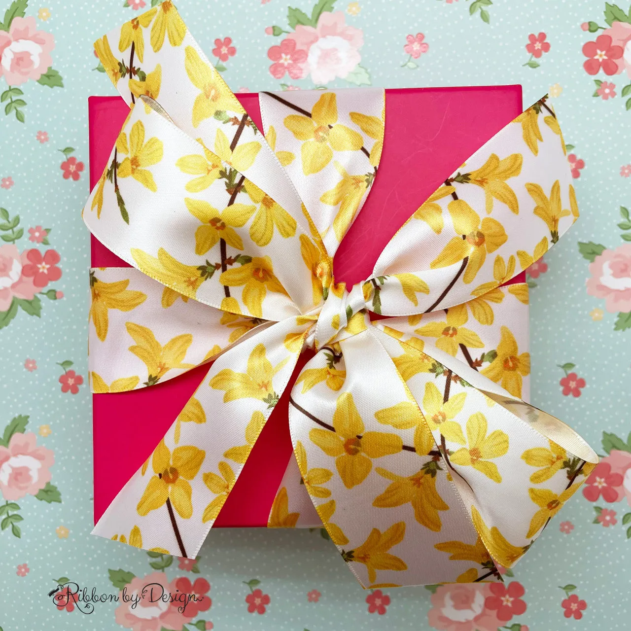 Forsythia ribbon ideal for Spring printed on 1.5" white satin