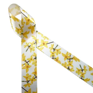 Forsythia ribbon ideal for Spring printed on 1.5" white satin