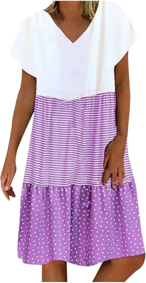 FZYLQY Summer Dresses for Womens 2024 Plus Size Beach Flowy Dresses V Neck Short Sleeve Color Block Patchwork Casual Dress