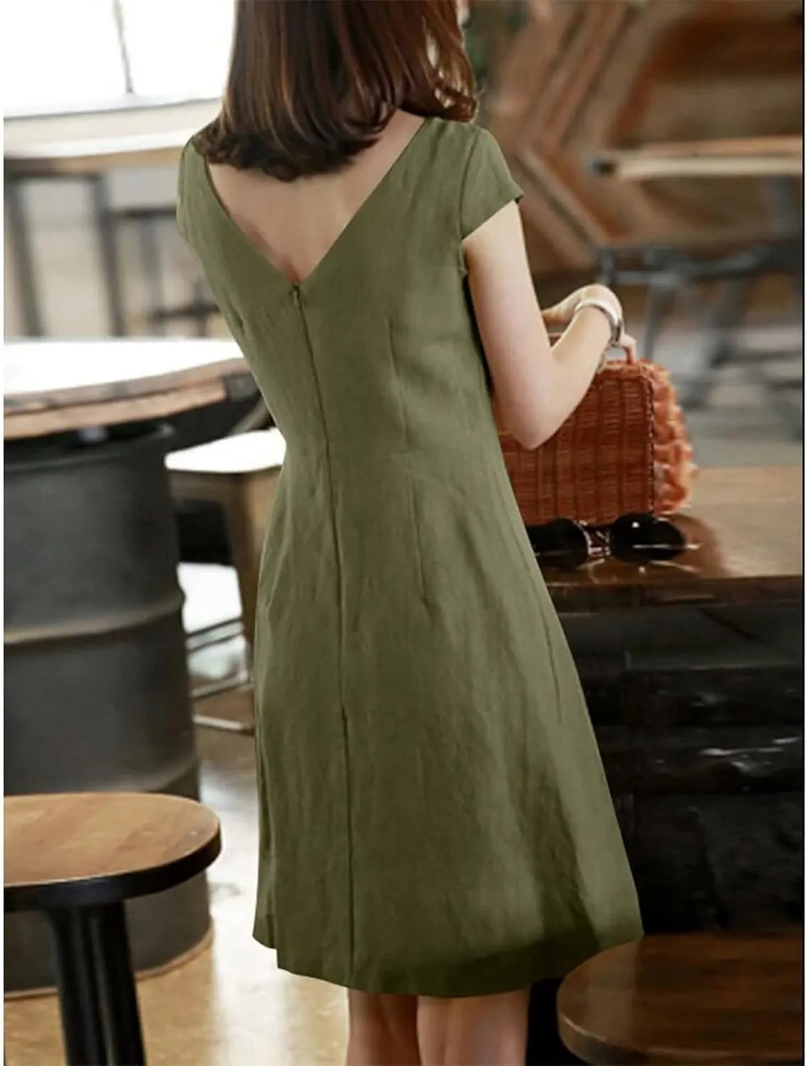 FZYLQY Women Summer Dresses 2024 Casual Back Zipper Cotton Linen Beach Vacation Knee Length Boat Neck Cap Sleeve Short Dress