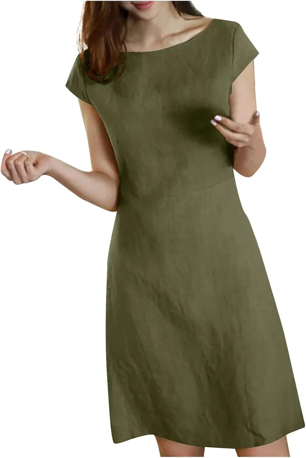 FZYLQY Women Summer Dresses 2024 Casual Back Zipper Cotton Linen Beach Vacation Knee Length Boat Neck Cap Sleeve Short Dress