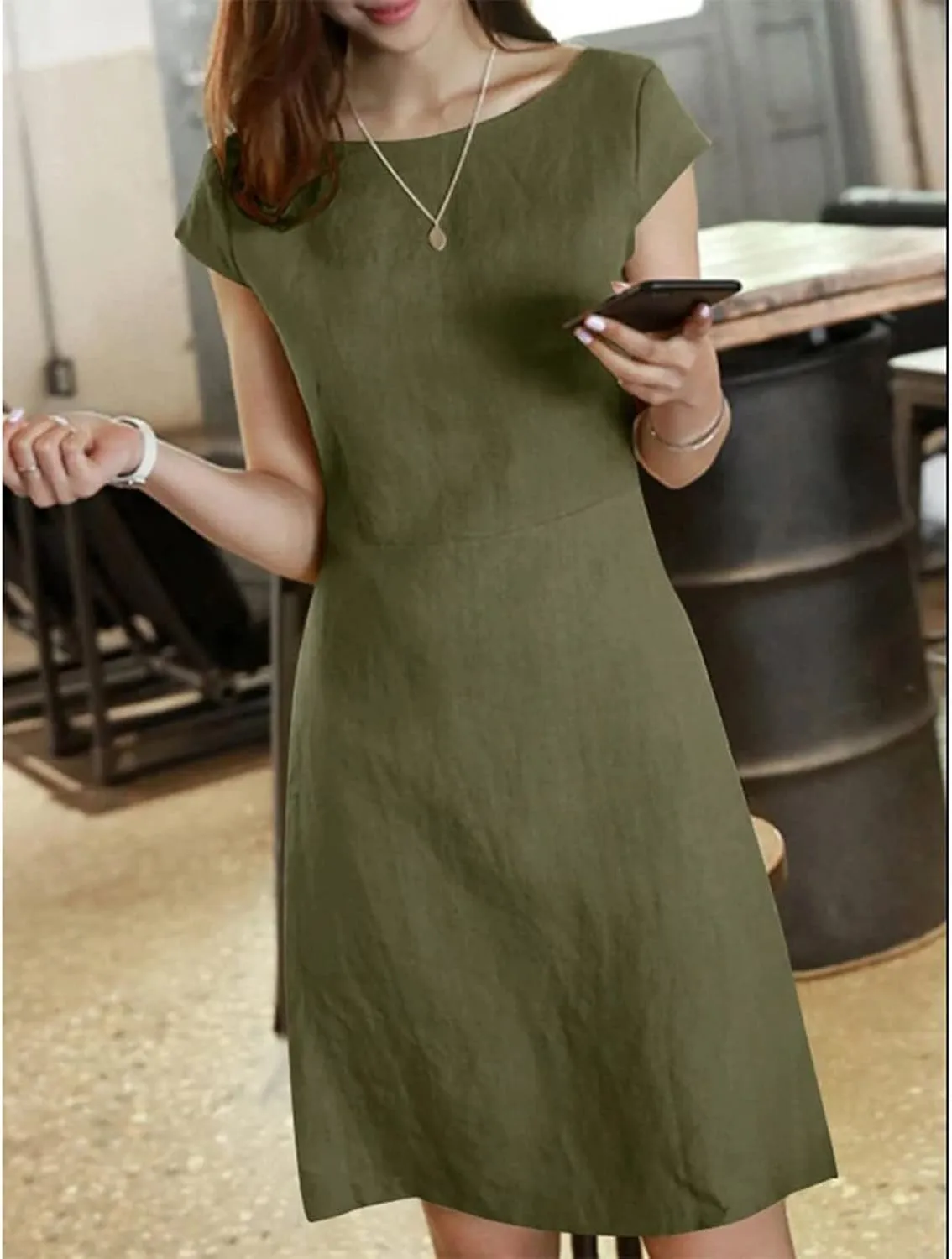 FZYLQY Women Summer Dresses 2024 Casual Back Zipper Cotton Linen Beach Vacation Knee Length Boat Neck Cap Sleeve Short Dress