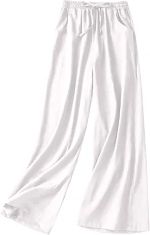 FZYLQY Women's Wide Leg Cotton Linen Trousers with Elastic Waist and Drawstring for Casual Summer Relaxed Fit Pants
