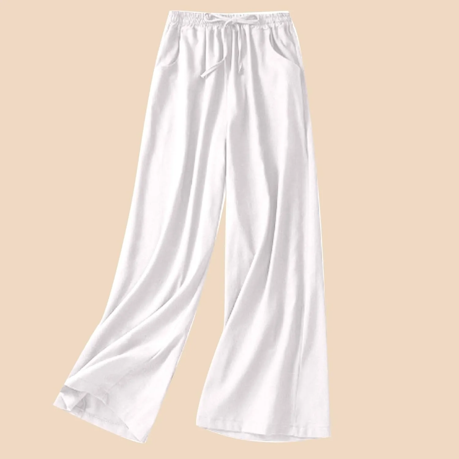 FZYLQY Women's Wide Leg Cotton Linen Trousers with Elastic Waist and Drawstring for Casual Summer Relaxed Fit Pants