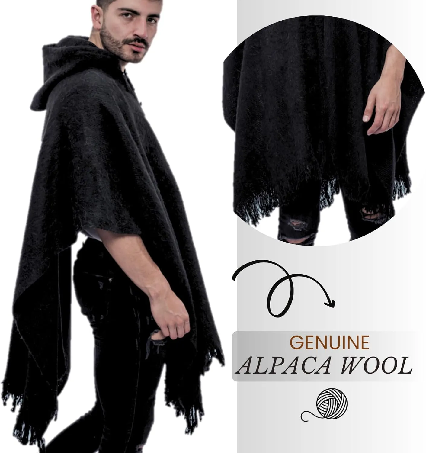 Gamboa Alpaca Poncho Mens Ponchos Adult Pancho Mexican Cloak with Hood Cowboy and Western Poncho Blanket