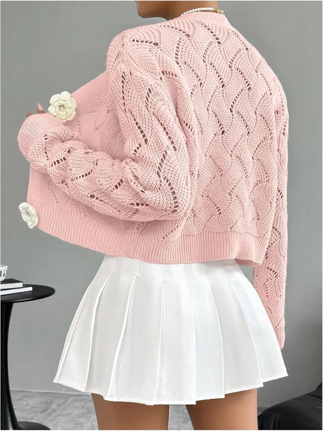 GORGLITTER Women's Floral Crochet Cardigan Button Up Long Sleeve Hollow Out Cropped Knit Sweater