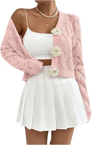 GORGLITTER Women's Floral Crochet Cardigan Button Up Long Sleeve Hollow Out Cropped Knit Sweater