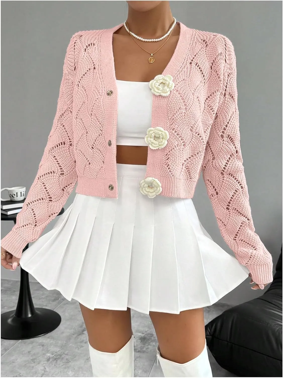 GORGLITTER Women's Floral Crochet Cardigan Button Up Long Sleeve Hollow Out Cropped Knit Sweater
