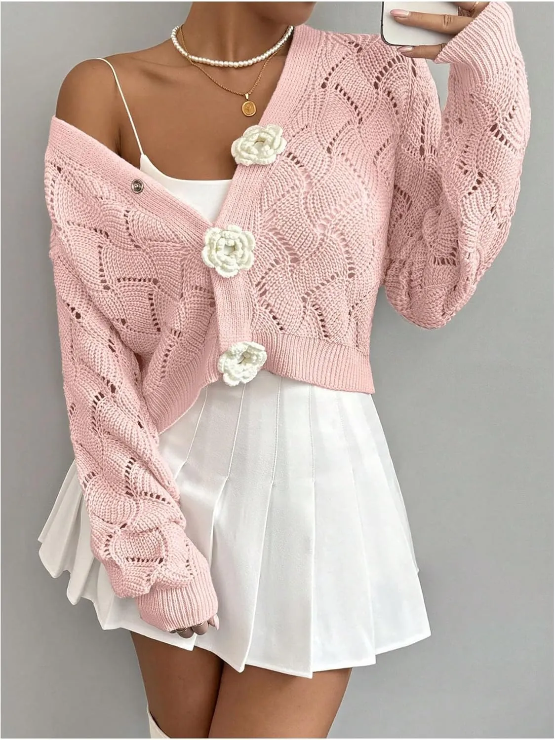 GORGLITTER Women's Floral Crochet Cardigan Button Up Long Sleeve Hollow Out Cropped Knit Sweater