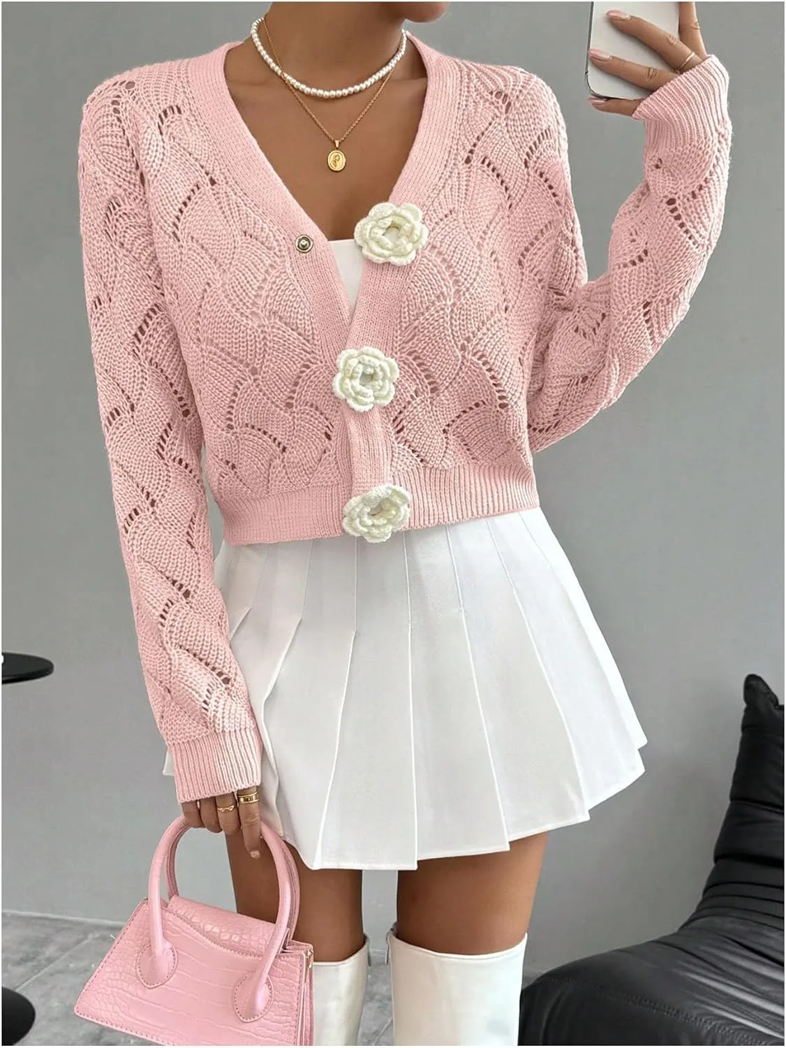 GORGLITTER Women's Floral Crochet Cardigan Button Up Long Sleeve Hollow Out Cropped Knit Sweater
