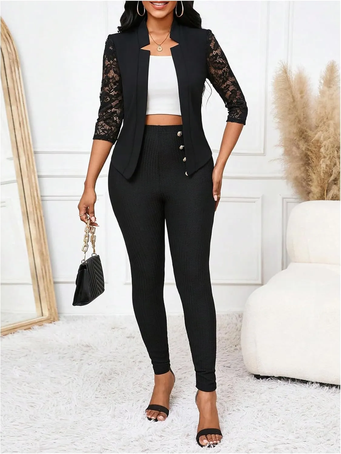 GORGLITTER Women's Lace 3/4 Sleeve Blazer Jackets Casual Business Interview Lightweight Blazer Office Work Outfits