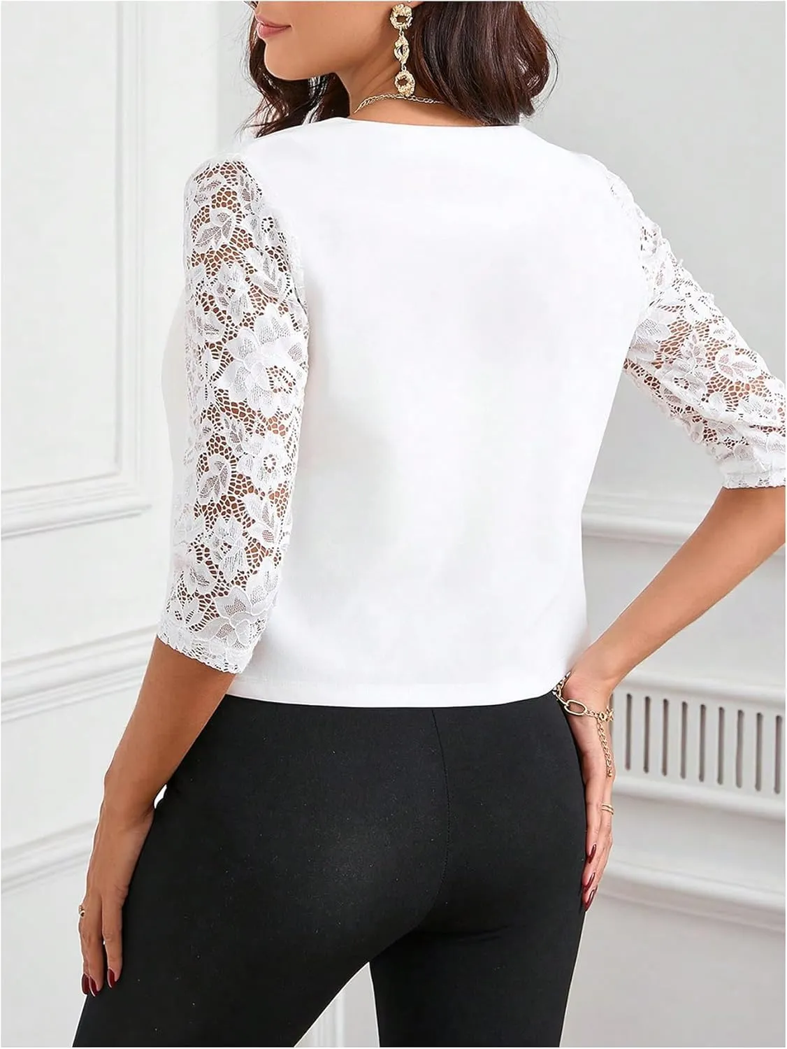 GORGLITTER Women's Lace 3/4 Sleeve Blazer Jackets Casual Business Interview Lightweight Blazer Office Work Outfits