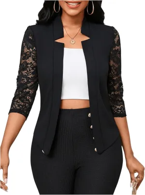 GORGLITTER Women's Lace 3/4 Sleeve Blazer Jackets Casual Business Interview Lightweight Blazer Office Work Outfits