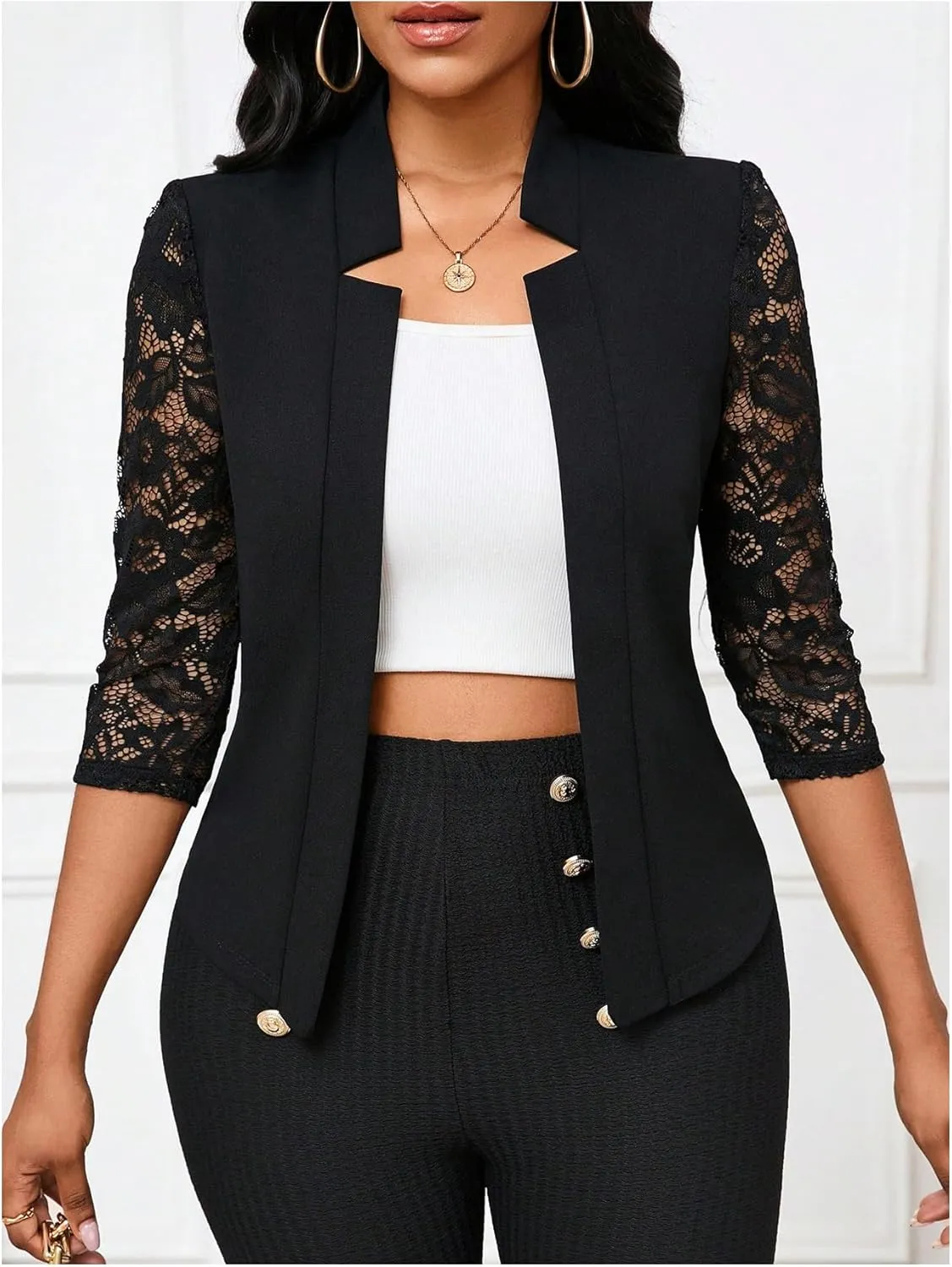 GORGLITTER Women's Lace 3/4 Sleeve Blazer Jackets Casual Business Interview Lightweight Blazer Office Work Outfits