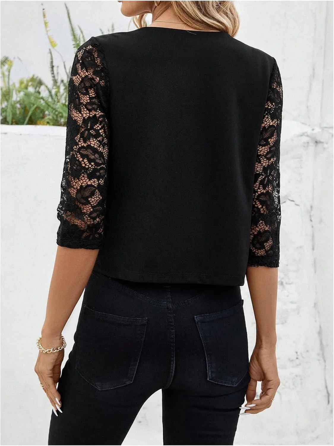 GORGLITTER Women's Lace 3/4 Sleeve Blazer Jackets Casual Business Interview Lightweight Blazer Office Work Outfits
