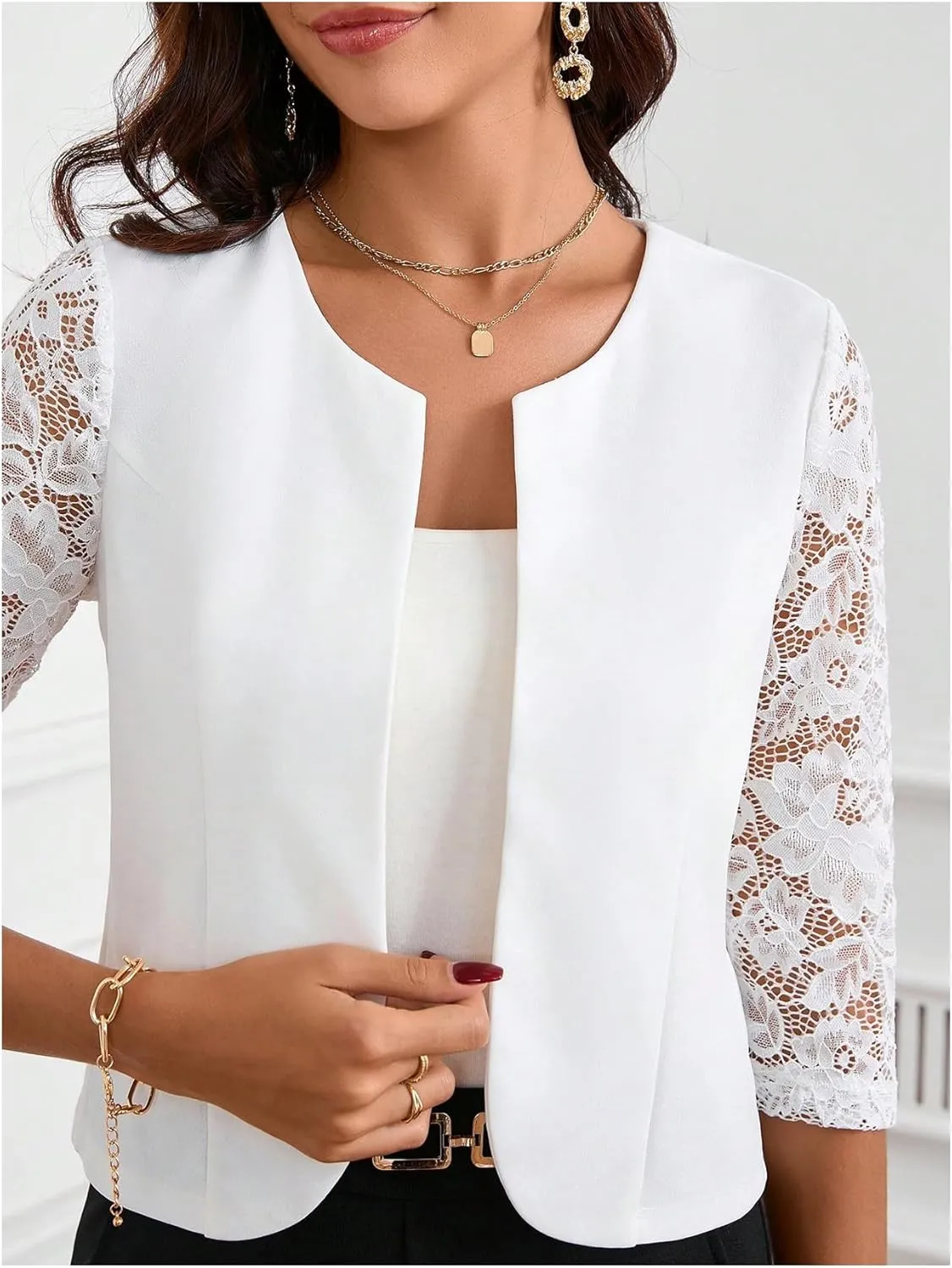 GORGLITTER Women's Lace 3/4 Sleeve Blazer Jackets Casual Business Interview Lightweight Blazer Office Work Outfits