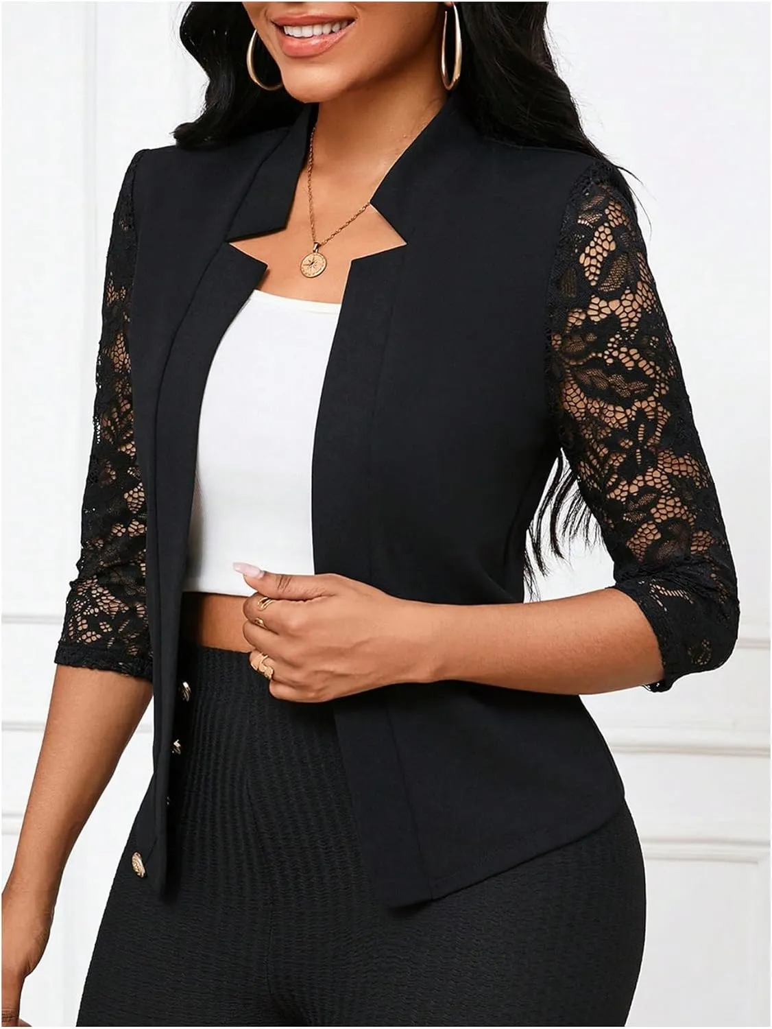 GORGLITTER Women's Lace 3/4 Sleeve Blazer Jackets Casual Business Interview Lightweight Blazer Office Work Outfits