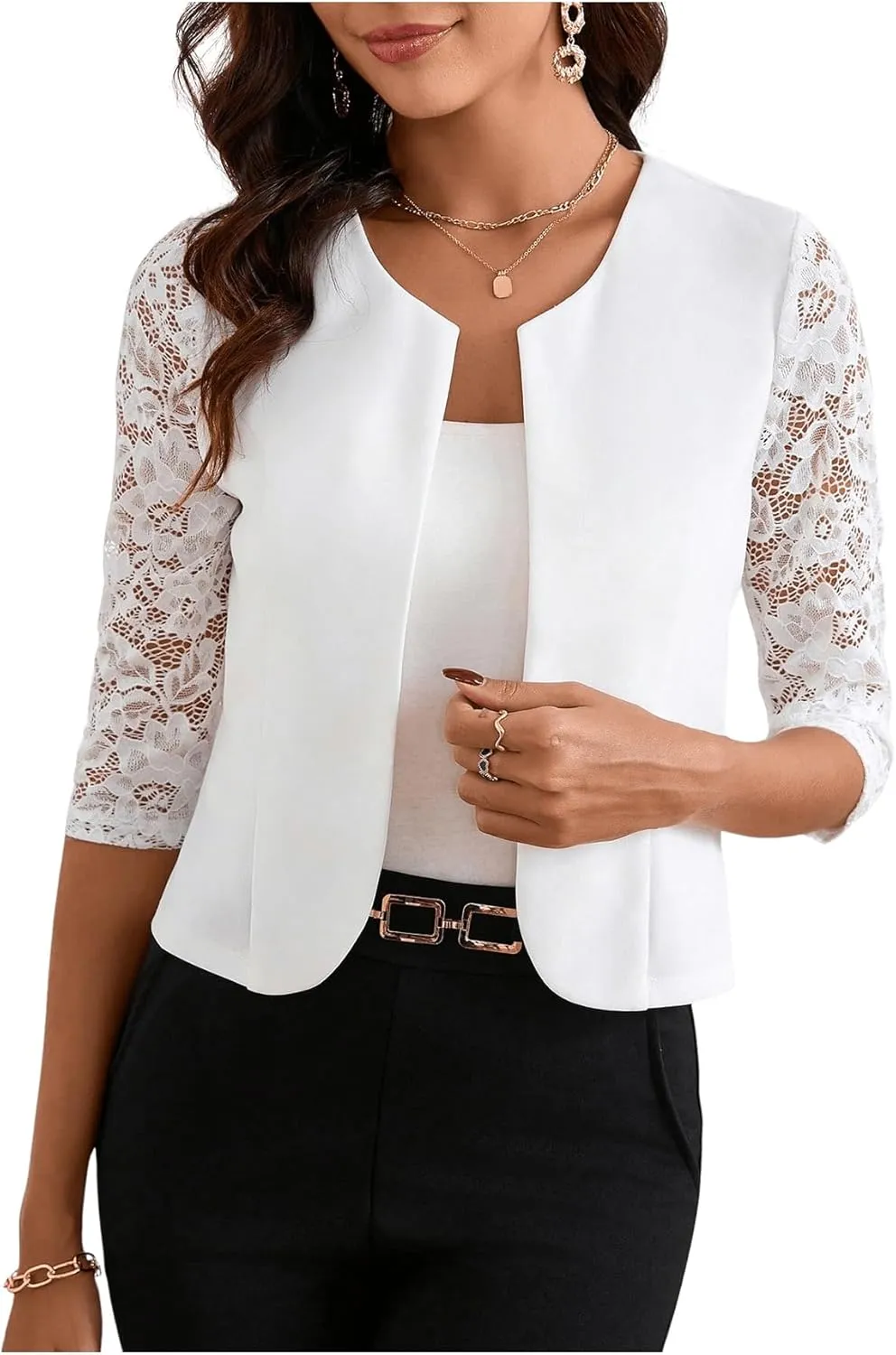 GORGLITTER Women's Lace 3/4 Sleeve Blazer Jackets Casual Business Interview Lightweight Blazer Office Work Outfits