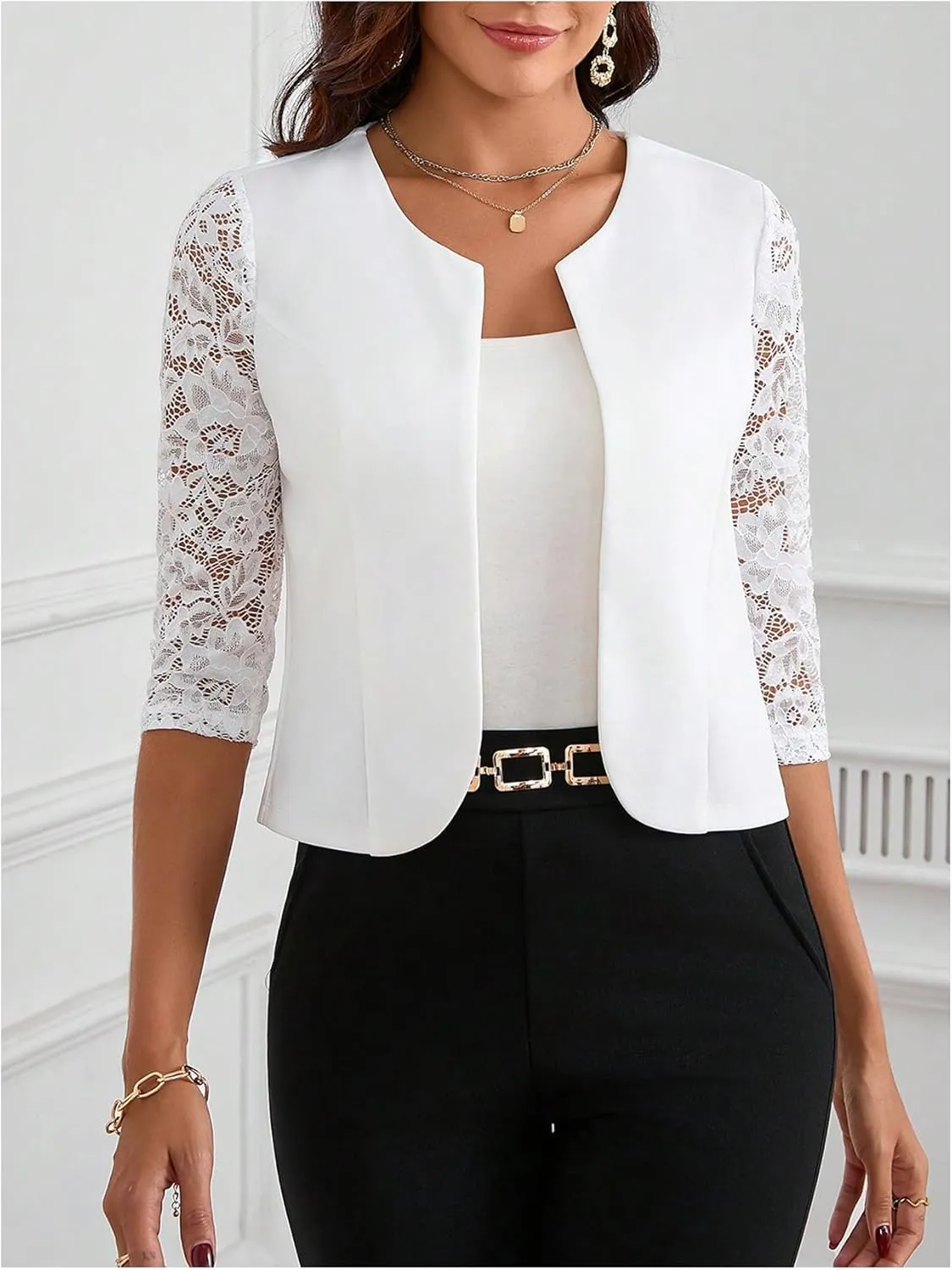 GORGLITTER Women's Lace 3/4 Sleeve Blazer Jackets Casual Business Interview Lightweight Blazer Office Work Outfits