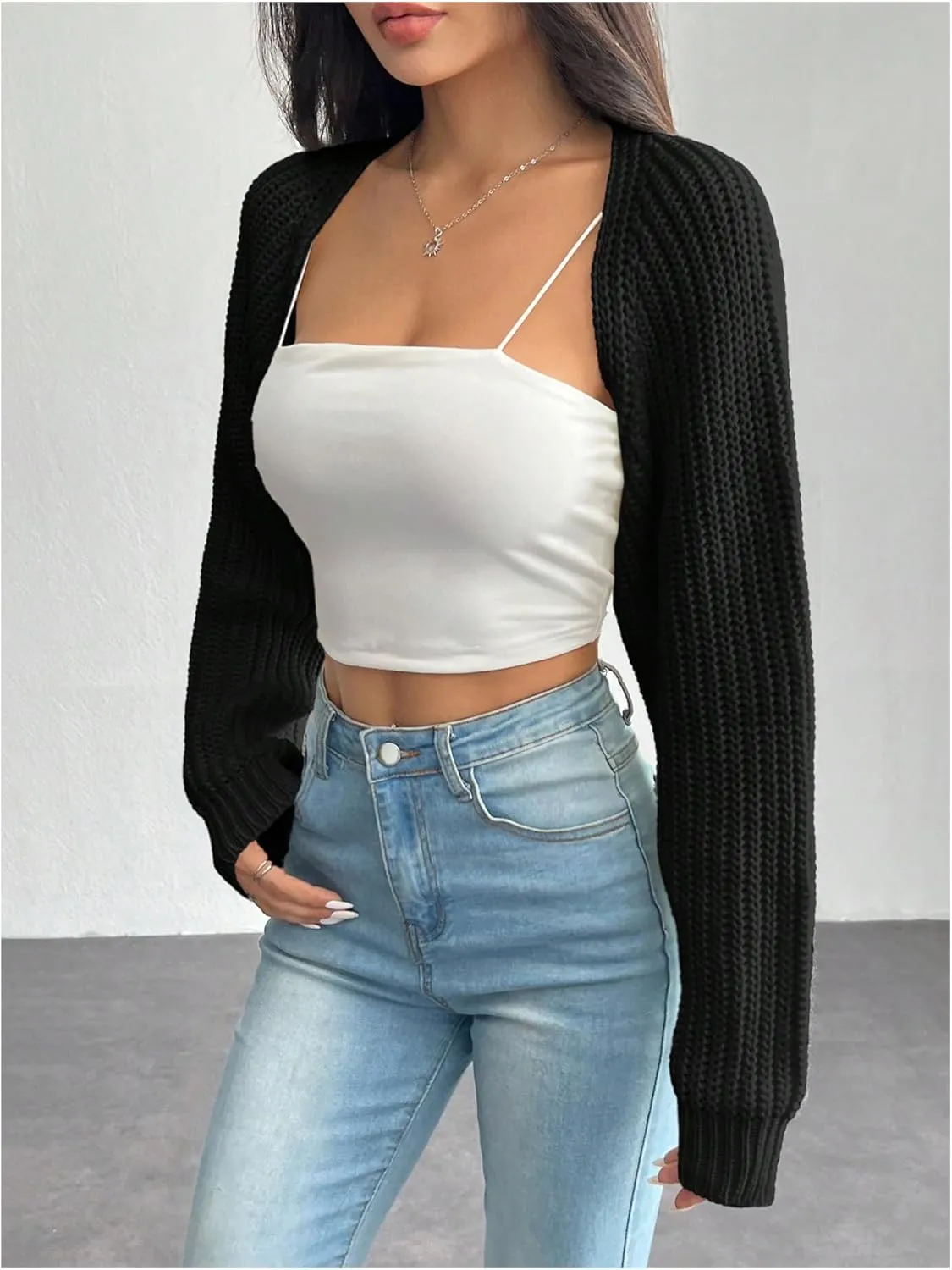 GORGLITTER Women's Long Sleeve Bolero Shrug Open Front Knit Cropped Cardigan Sweater Shrugs