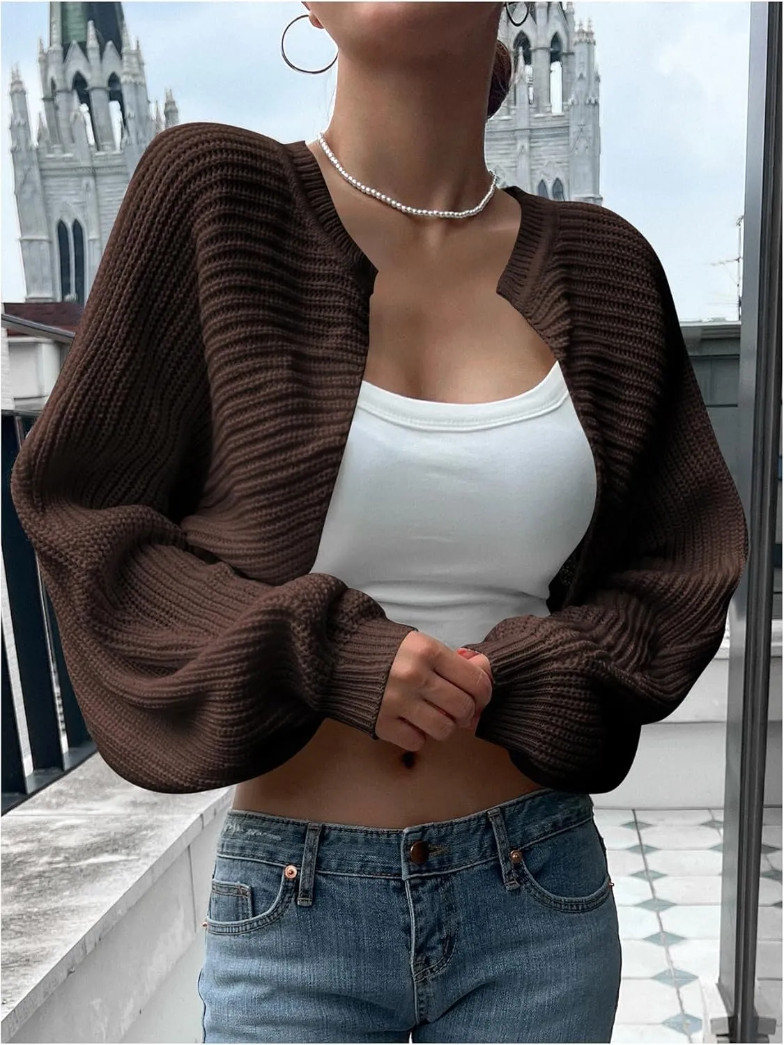 GORGLITTER Women's Long Sleeve Bolero Shrug Open Front Knit Cropped Cardigan Sweater Shrugs