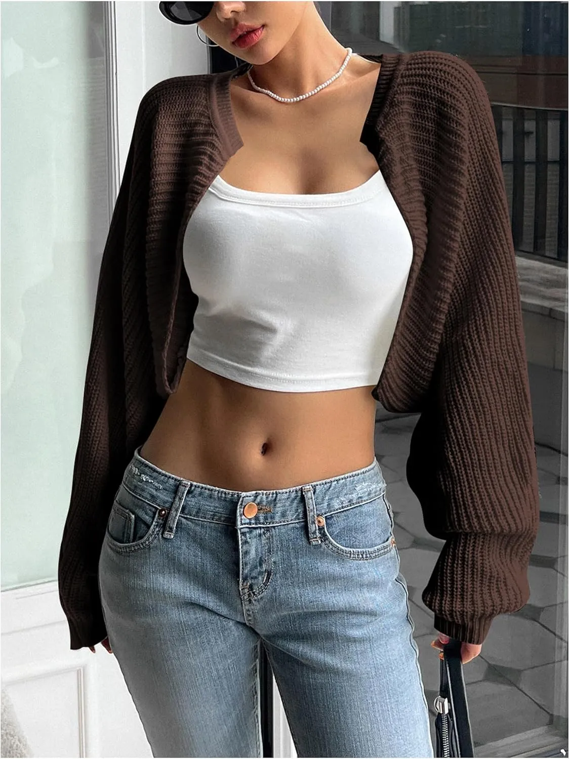 GORGLITTER Women's Long Sleeve Bolero Shrug Open Front Knit Cropped Cardigan Sweater Shrugs