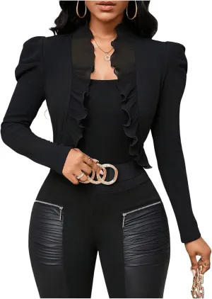 GORGLITTER Women's Ruffle Cropped Blazer Jacket Business Casual Open Front Puff Long Sleeve Bolero Jackets