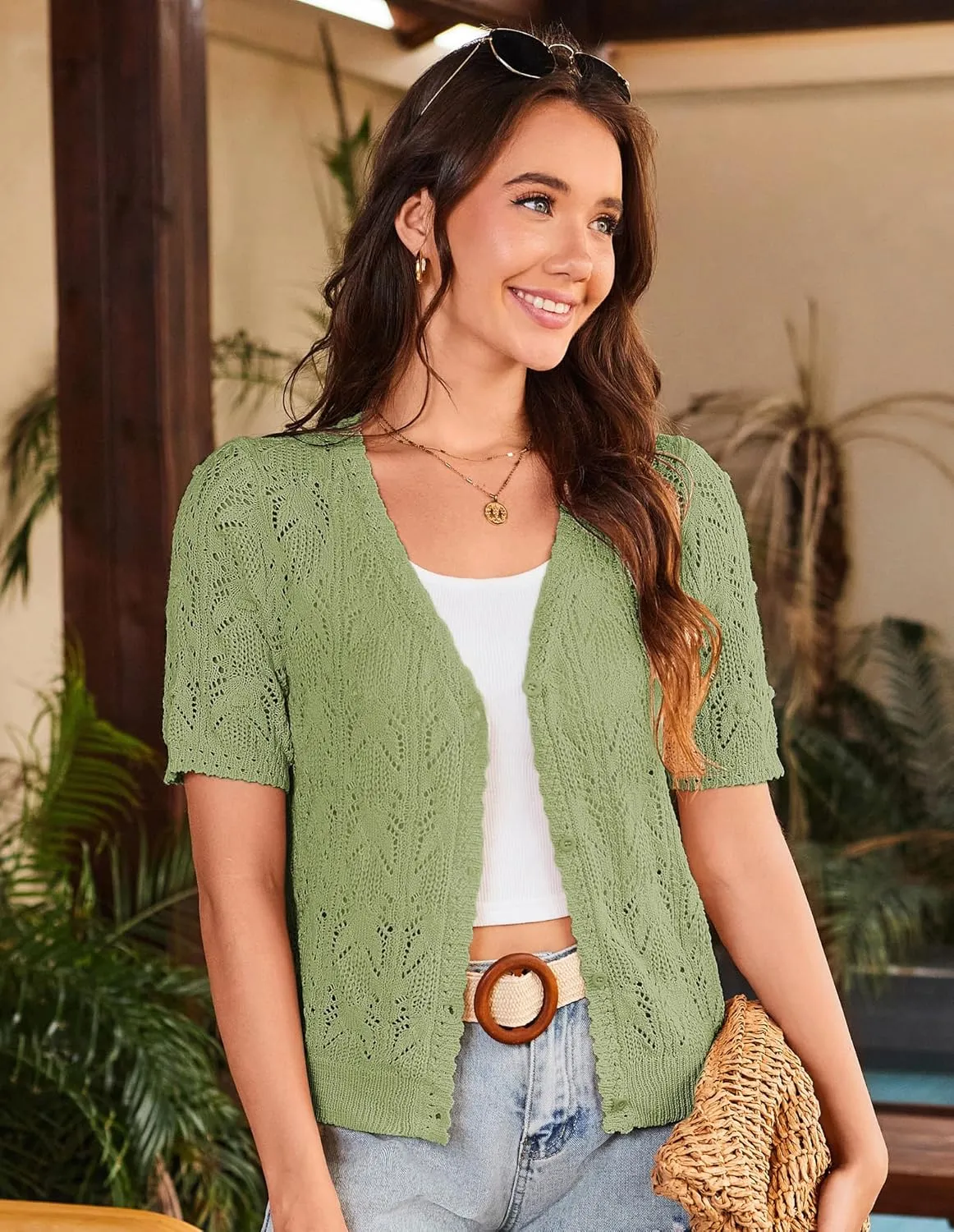 GRACE KARIN 2025 Women's Short Sleeve V Neck Cardigans Sweaters Open Front Knit Crochet Button Bolero Shrugs Tops