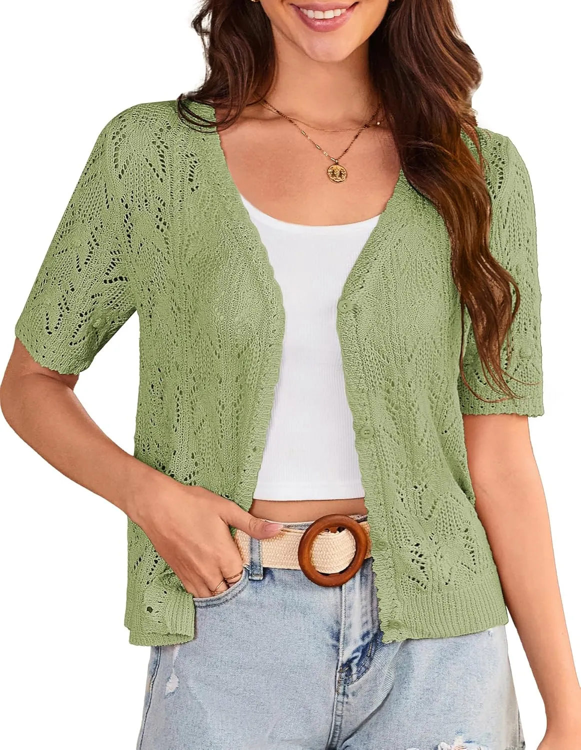 GRACE KARIN 2025 Women's Short Sleeve V Neck Cardigans Sweaters Open Front Knit Crochet Button Bolero Shrugs Tops