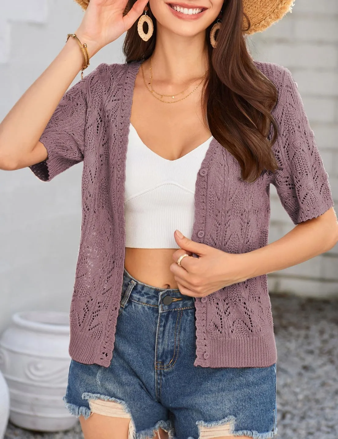 GRACE KARIN 2025 Women's Short Sleeve V Neck Cardigans Sweaters Open Front Knit Crochet Button Bolero Shrugs Tops