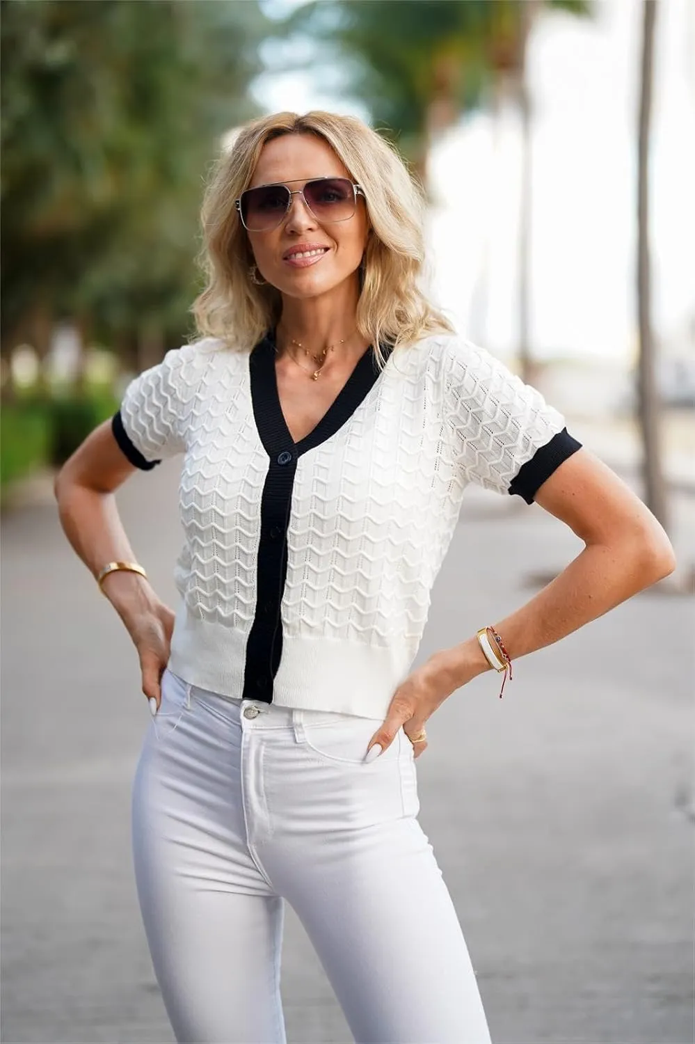 GRACE KARIN Womens Summer Cardigan Sweaters 2025 Short Sleeve Cropped V Neck Lightweight Textured Ribbed Sweaters Tops
