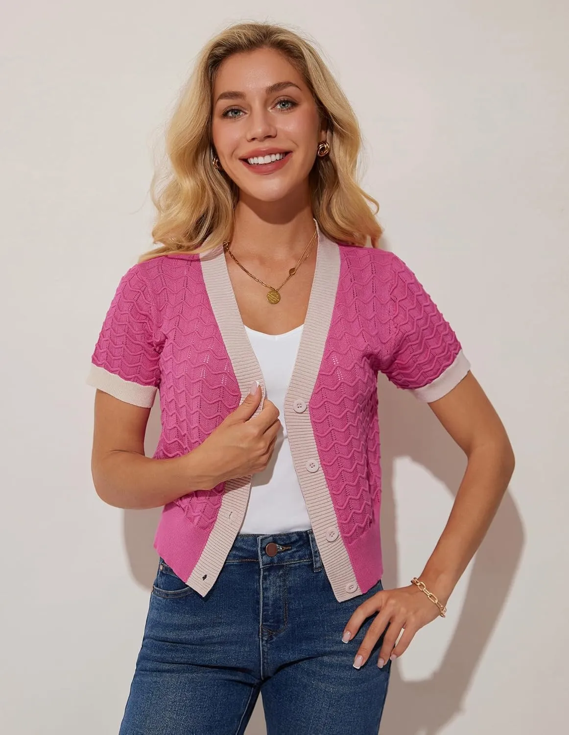 GRACE KARIN Womens Summer Cardigan Sweaters 2025 Short Sleeve Cropped V Neck Lightweight Textured Ribbed Sweaters Tops