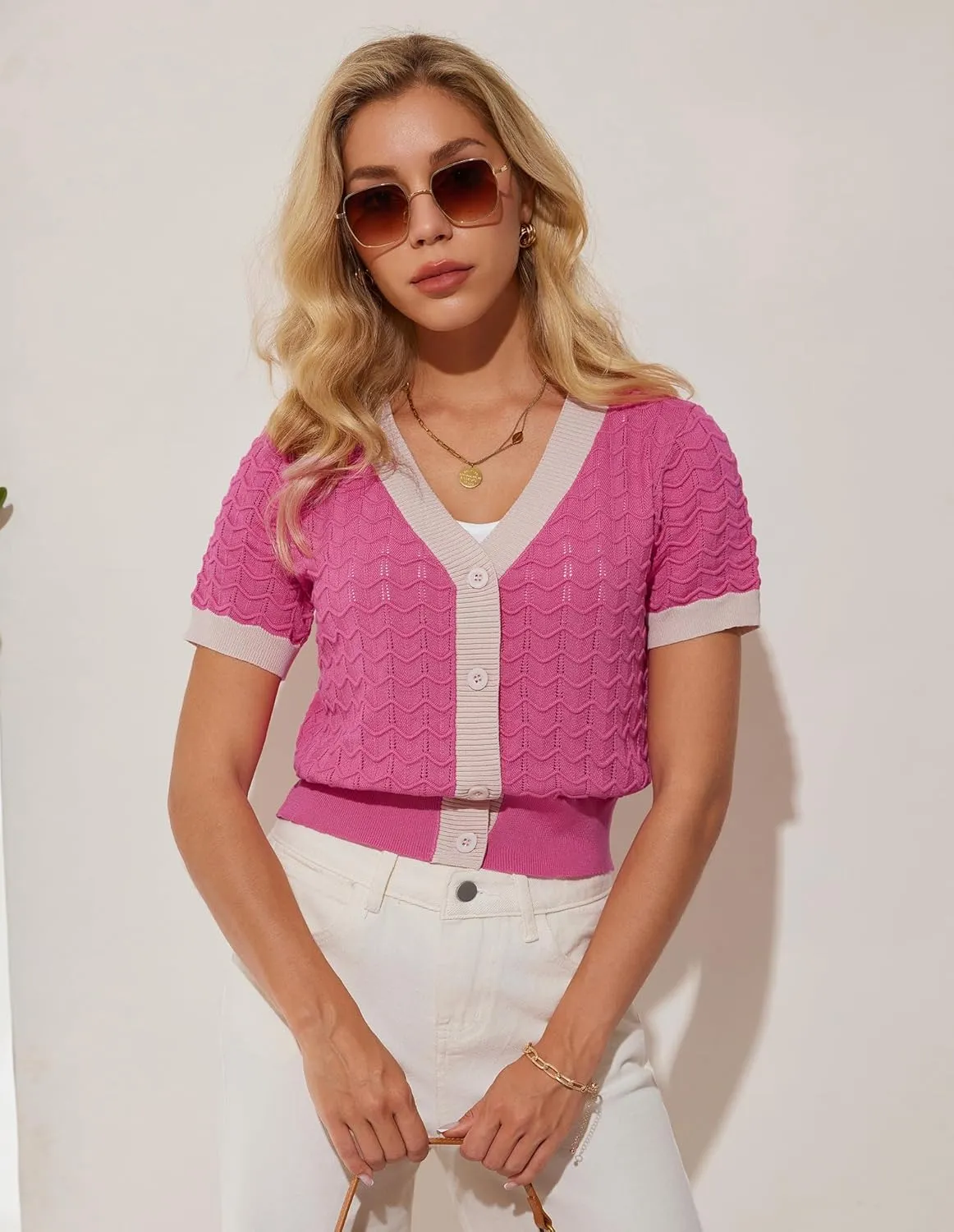 GRACE KARIN Womens Summer Cardigan Sweaters 2025 Short Sleeve Cropped V Neck Lightweight Textured Ribbed Sweaters Tops