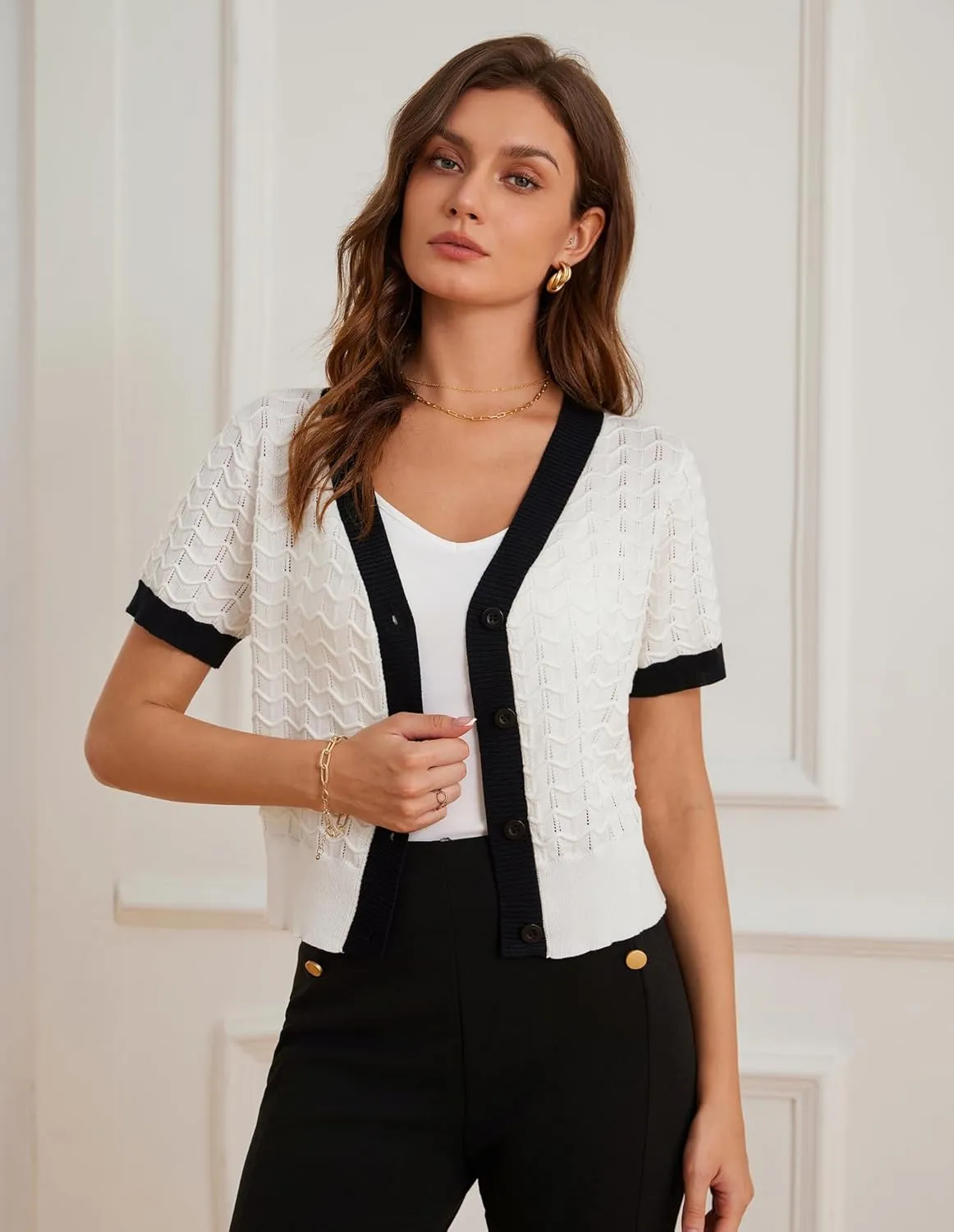GRACE KARIN Womens Summer Cardigan Sweaters 2025 Short Sleeve Cropped V Neck Lightweight Textured Ribbed Sweaters Tops