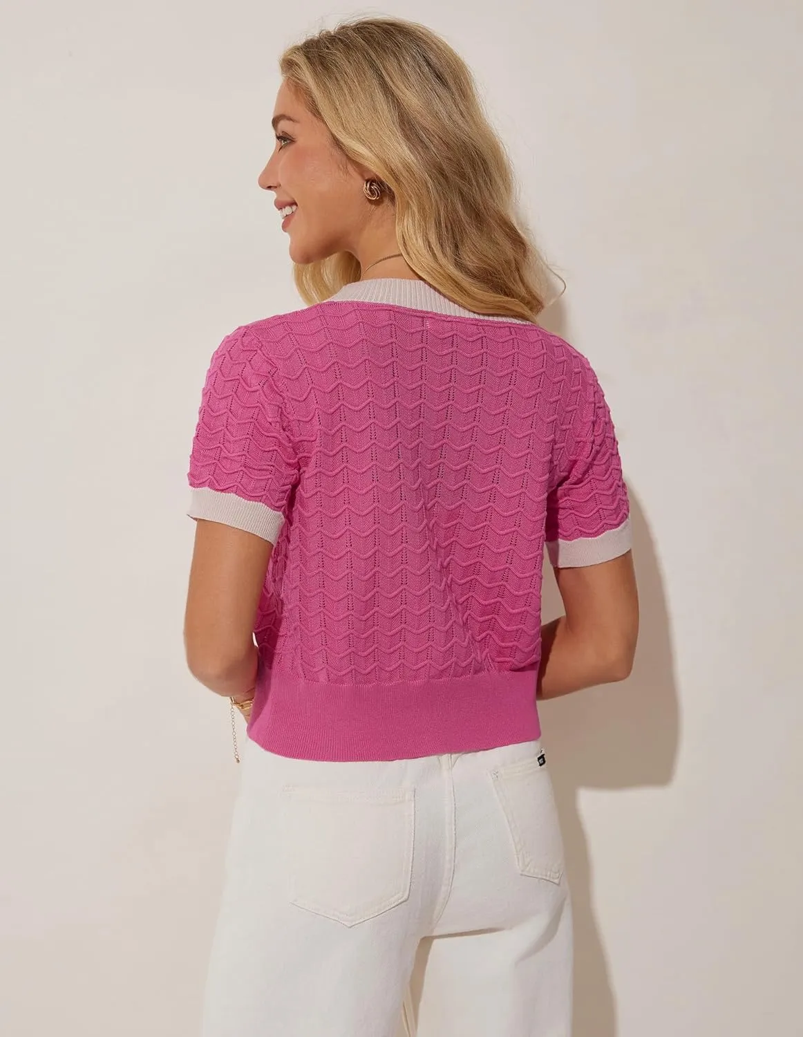 GRACE KARIN Womens Summer Cardigan Sweaters 2025 Short Sleeve Cropped V Neck Lightweight Textured Ribbed Sweaters Tops