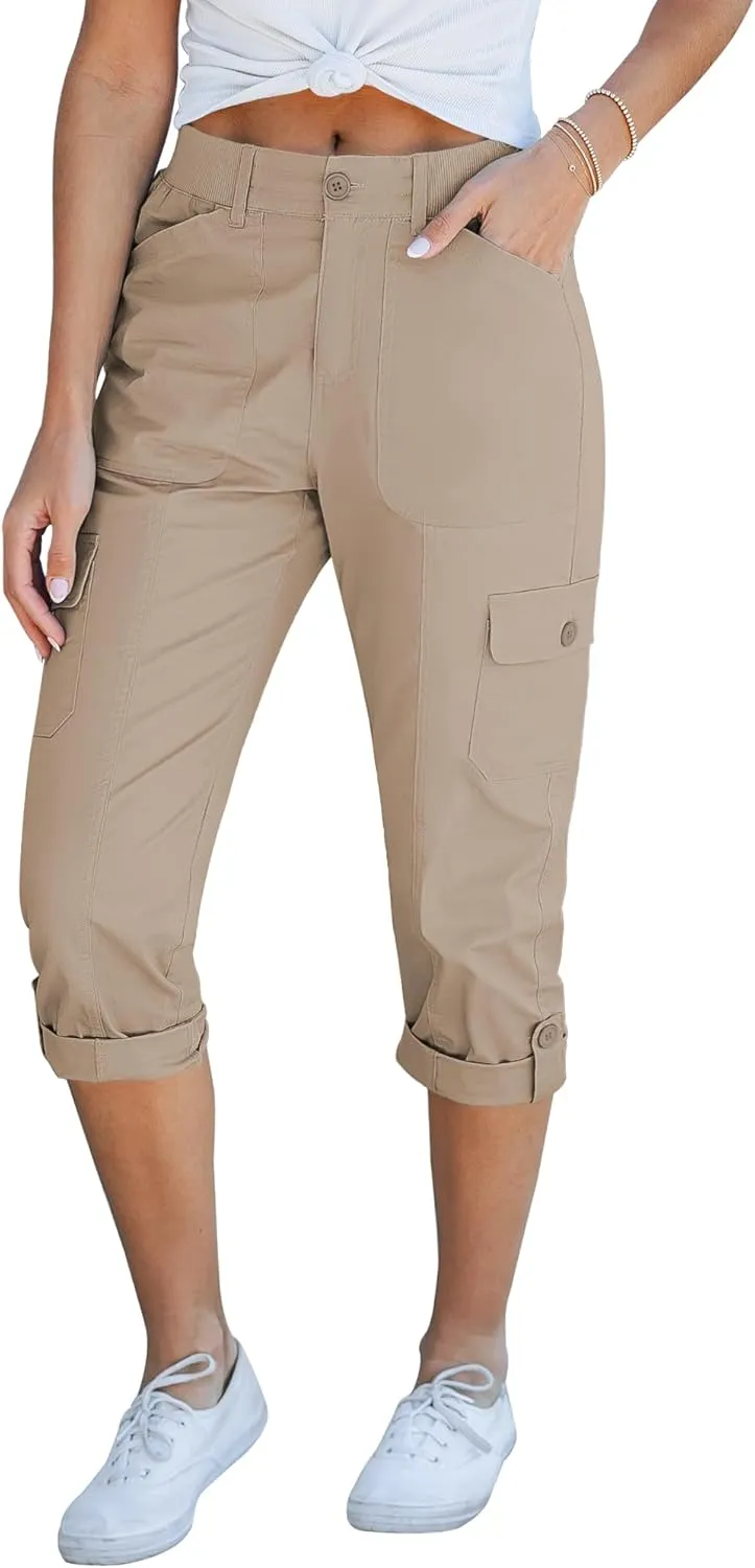 GRAPENT Cargo Capri Pants for Women High Waisted Relaxed Fit Elastic Knit Waist Casual Capris Trousers Cropped Pants
