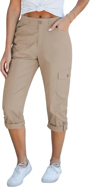 GRAPENT Cargo Capri Pants for Women High Waisted Relaxed Fit Elastic Knit Waist Casual Capris Trousers Cropped Pants