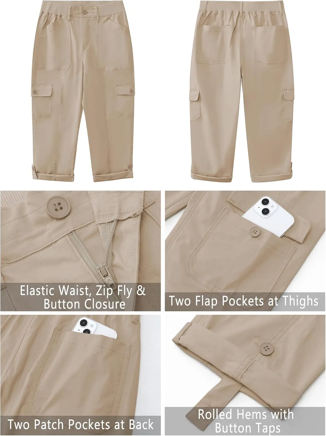 GRAPENT Cargo Capri Pants for Women High Waisted Relaxed Fit Elastic Knit Waist Casual Capris Trousers Cropped Pants
