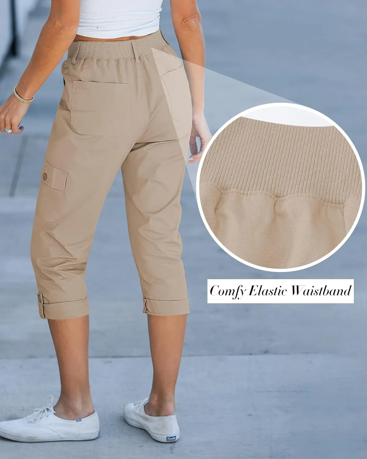 GRAPENT Cargo Capri Pants for Women High Waisted Relaxed Fit Elastic Knit Waist Casual Capris Trousers Cropped Pants
