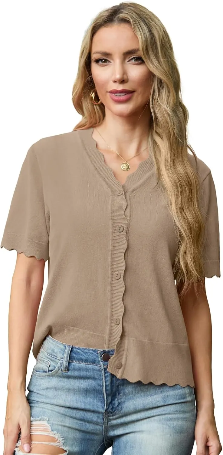 GRECERELLE Womens Summer Lightweight Short Sleeve Cropped Cardigan V-Neck Knit Sweater Shrug for Dressy