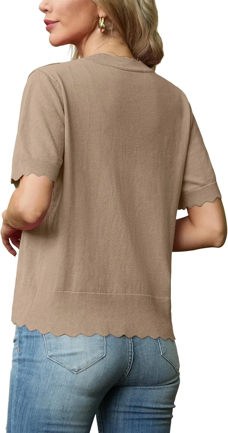 GRECERELLE Womens Summer Lightweight Short Sleeve Cropped Cardigan V-Neck Knit Sweater Shrug for Dressy
