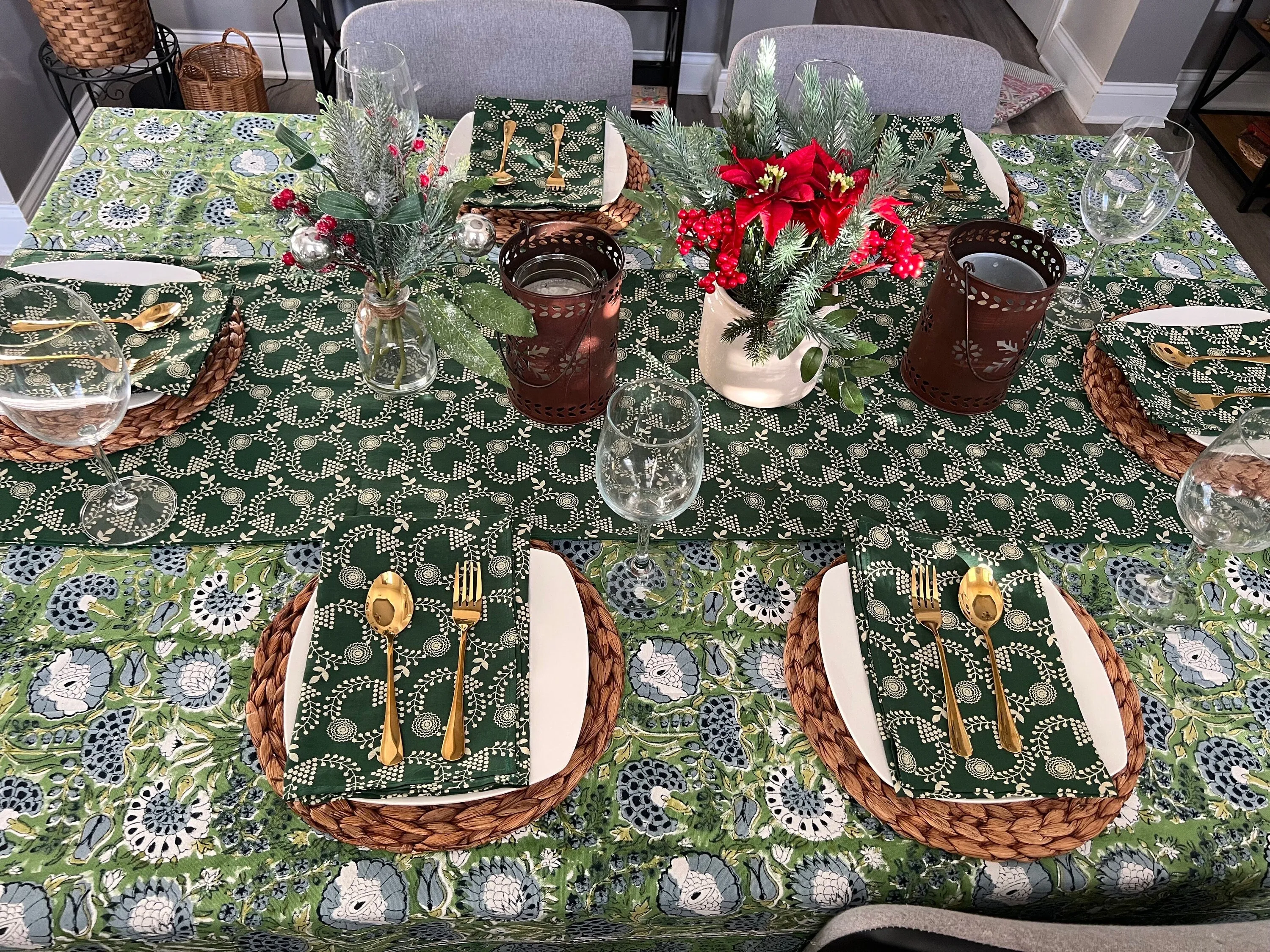 Green blue Christmas Block Printed Tablecloth, Cotton Table Cloth, Green Floral Tablecloth for Table, Christmas Decor, Handmade Gift