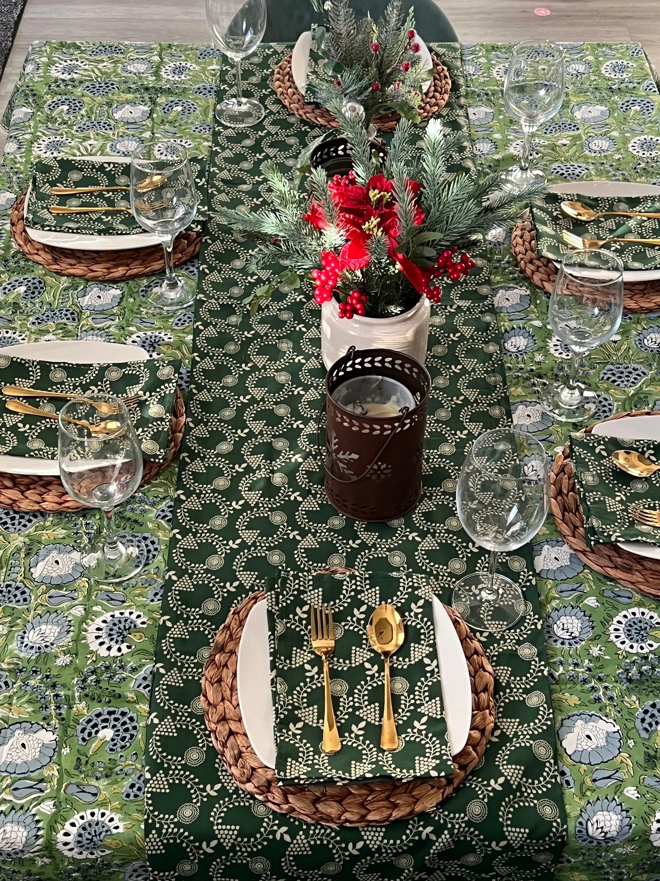 Green blue Christmas Block Printed Tablecloth, Cotton Table Cloth, Green Floral Tablecloth for Table, Christmas Decor, Handmade Gift